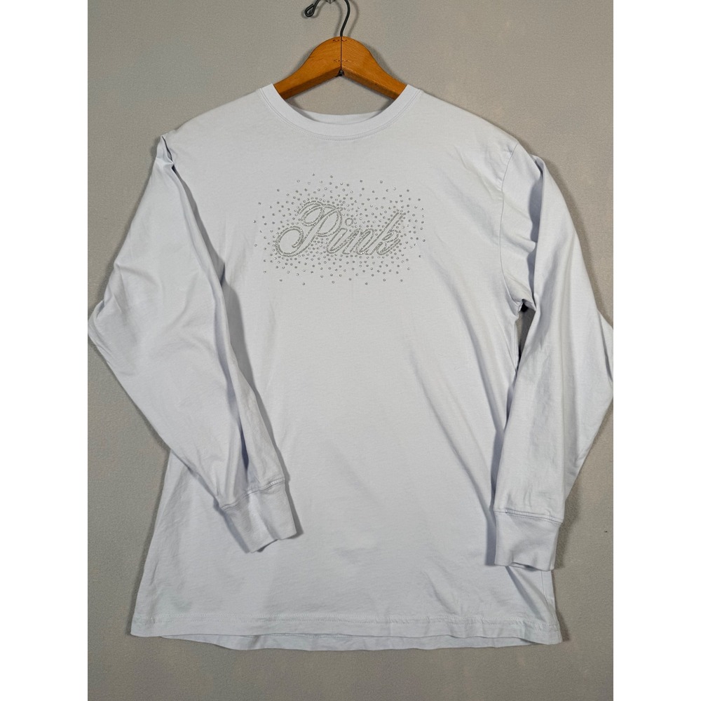 Victoria's Secret PINK Light Blue Rhinestone Logo Long Sleeve Tee Womens XS